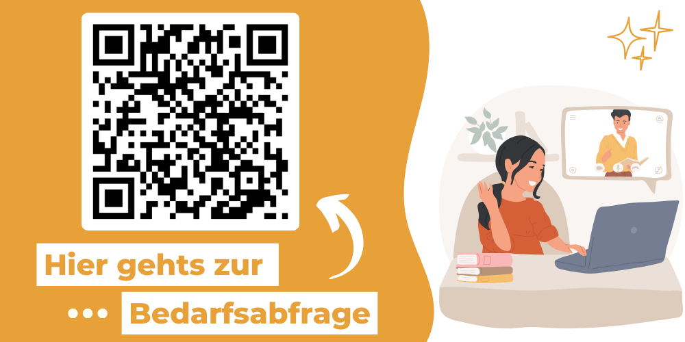 Auf dem Bild sieht man einen QR Code und darunter steht "Hier gehts zur Anmeldung". Neben dem QR Code ist eine Illustration von einem Mädchen, welches vor einem Laptop sitzt und Nachhilfe bekommt.