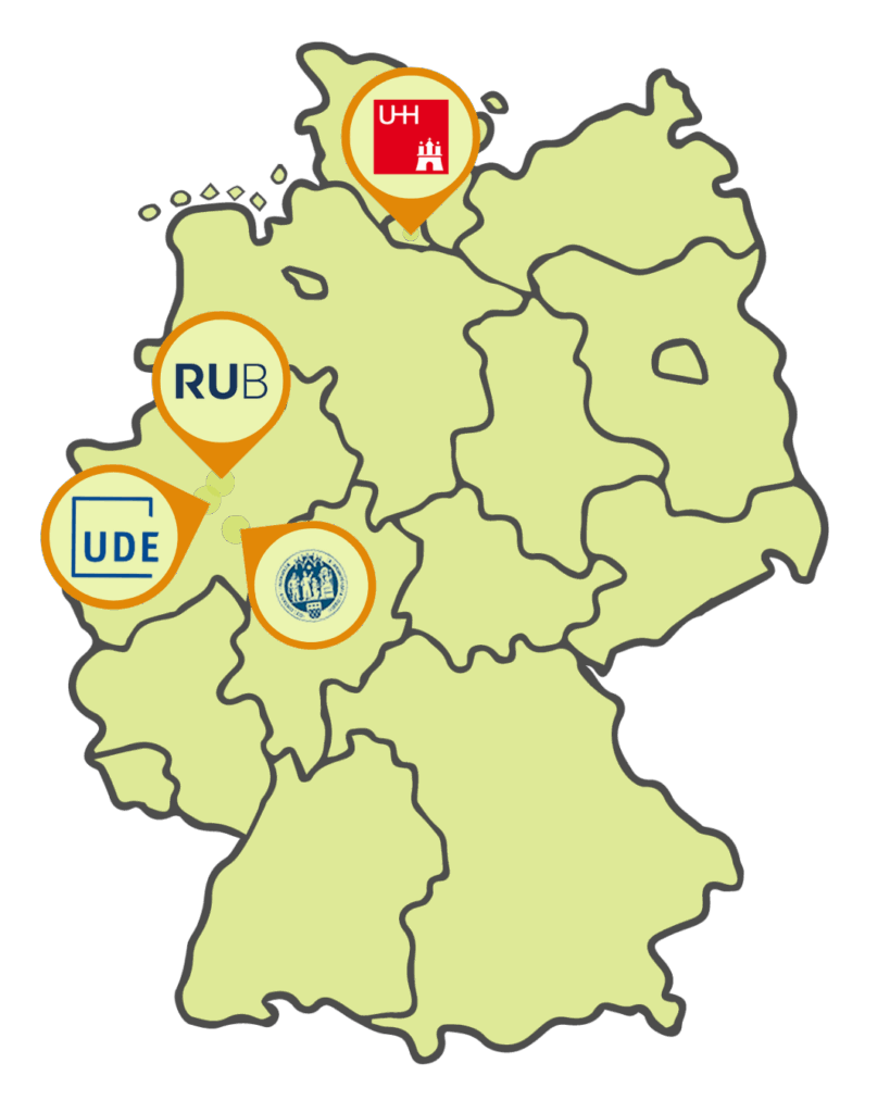 Zu sehen ist eine Deutschlandkarte mit den Standorten der Hochschulkooperationen von Chancenwerk e.V. Zu sehen sind die Logos der Ruhr-Universität Bochum, der Universität Duisburg-Essen, Universität zu Köln und der Universität Hamburg.