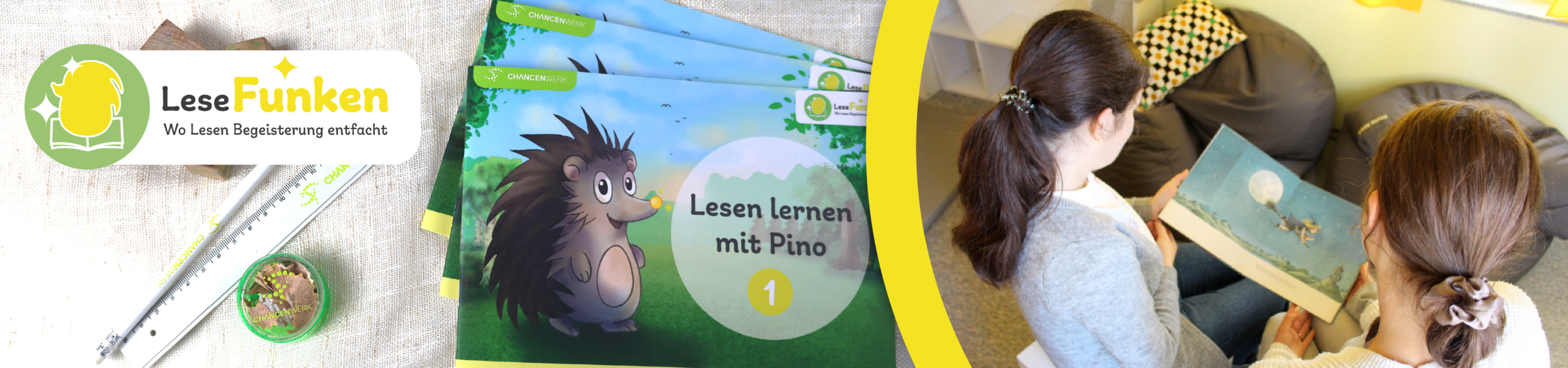 Banner „LeseFunken“: Das Logo mit dem Slogan „Wo Lesen Begeisterung entfacht“, daneben Kinderbücher mit der Aufschrift „Lesen lernen mit Pino 1“ und zwei Personen, die gemeinsam in einem Buch lesen.